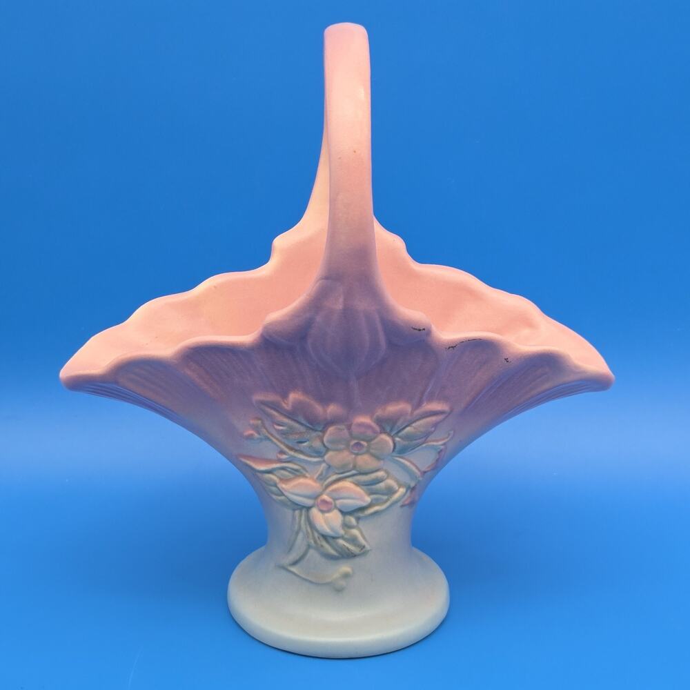 Hull Art Pottery Magnolia Basket Vase 10.5" Pink Blue Floral Vintage